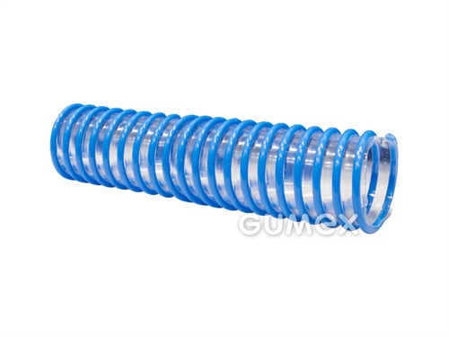 Potravinová hadica na sypké požívatiny NORPLAST® PUR 385 AIRFLEX® PU FOOD, 38/45mm, -0,2bar, PU, vnútorná stena hladká, vonkajšia vlnitá, modrá PVC špirála, EU 10/2011, -25°C/+85°C, transparentná